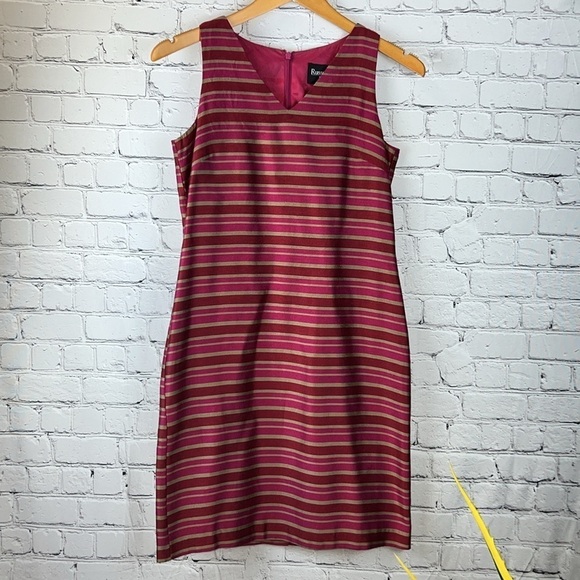 RUSSELL KEMP Striped V-Neck Sheath Dress in Raspberry & Red, Size 6P - Picture 1 of 6